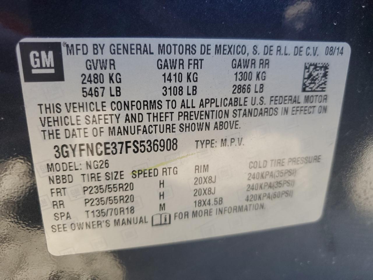 2015 Cadillac Srx Performance Collection VIN: 3GYFNCE37FS536908 Lot: 91900385