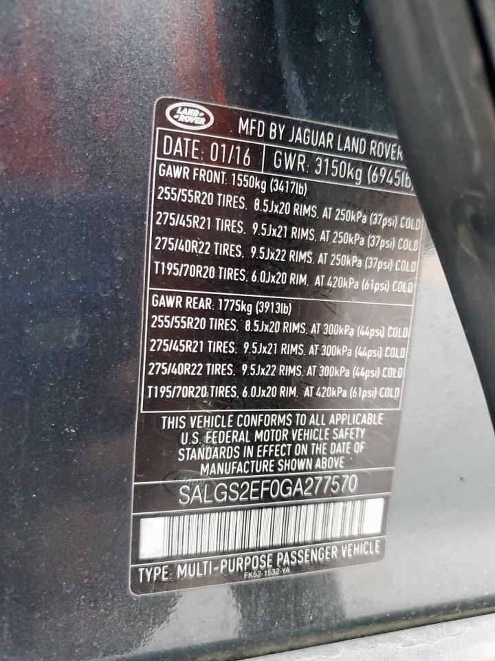 2016 Land Rover Range Rover Supercharged VIN: SALGS2EF0GA277570 Lot: 93259125