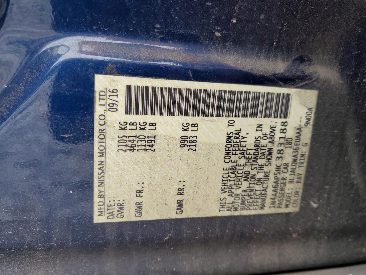 2017 Nissan Maxima 3.5S VIN: 1N4AA6AP5HC383188 Lot: 92945165