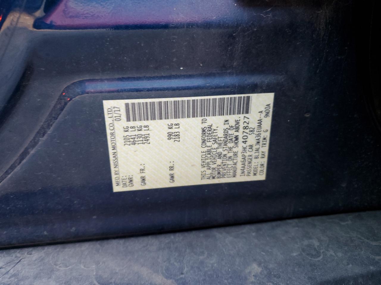 2017 Nissan Maxima 3.5S VIN: 1N4AA6AP3HC407827 Lot: 92901055