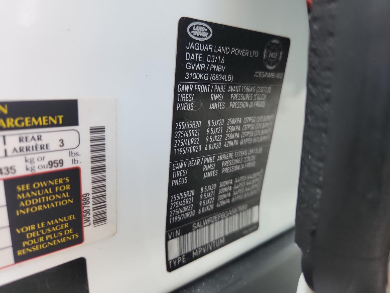 2016 Land Rover Range Rover Sport Sc VIN: SALWR2EF6GA587889 Lot: 93914875