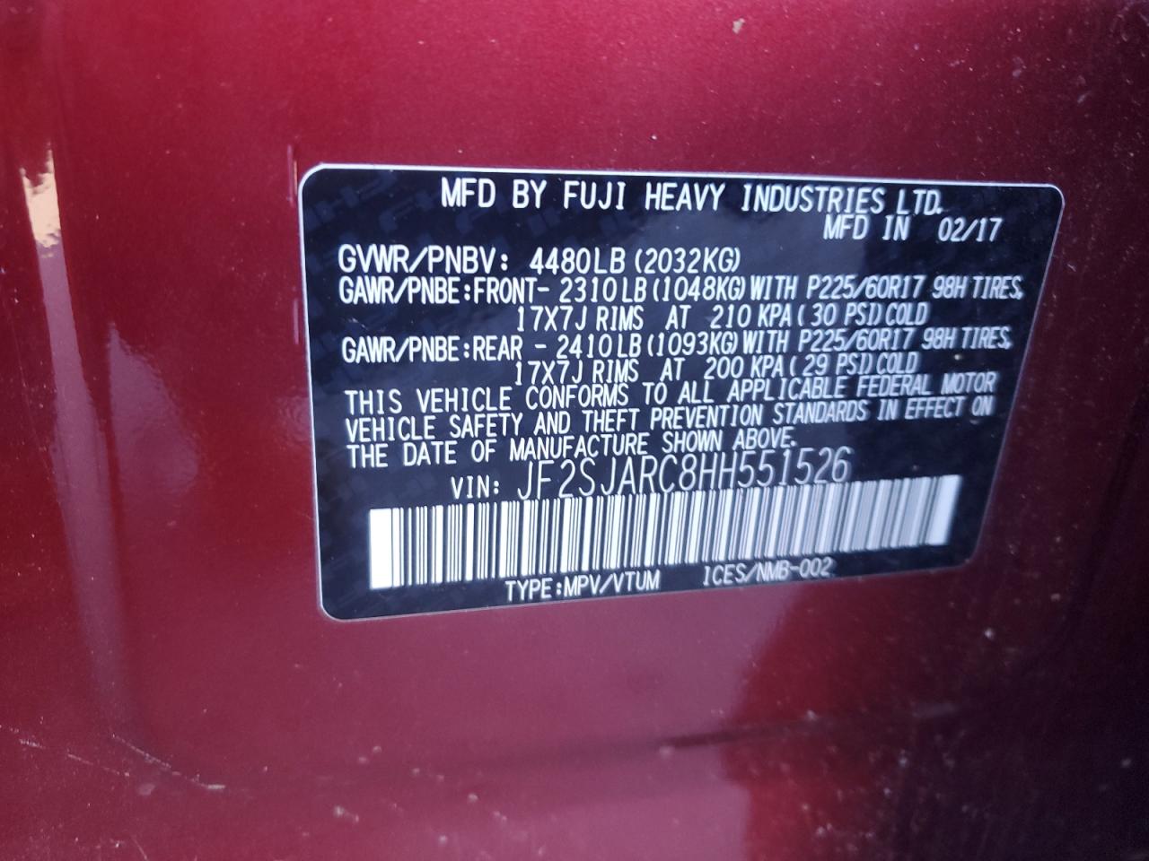 2017 Subaru Forester 2.5I Limited VIN: JF2SJARC8HH551526 Lot: 90018645