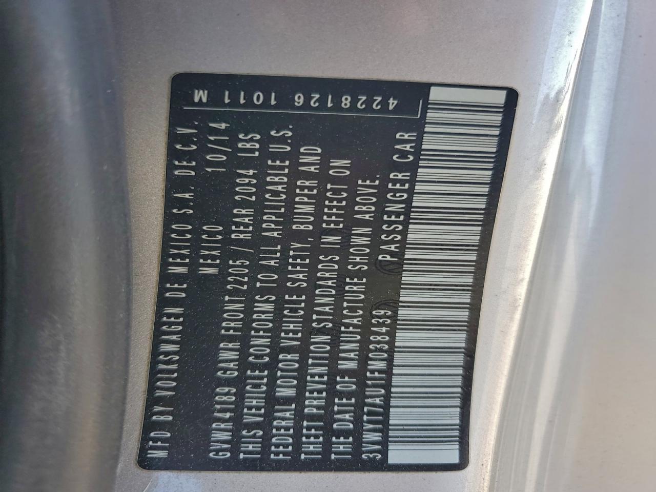 2015 Volkswagen Gti VIN: 3VWYT7AU1FM038439 Lot: 94038955