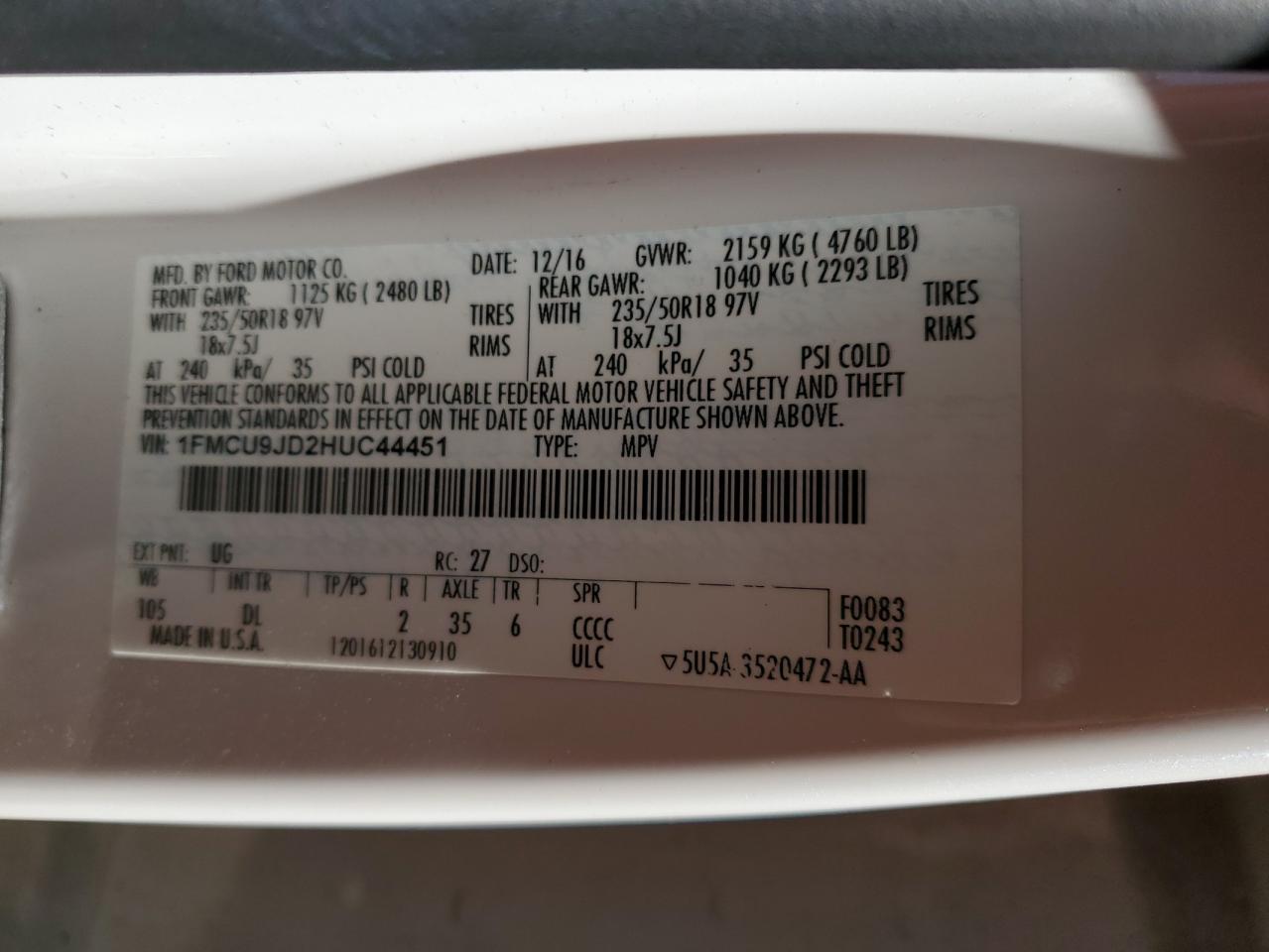 2017 Ford Escape Titanium VIN: 1FMCU9JD2HUC44451 Lot: 92880315