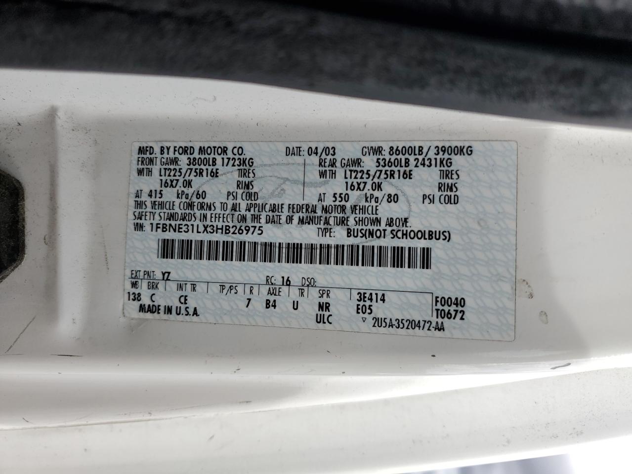 2003 Ford Econoline E350 Super Duty Wagon VIN: 1FBNE31LX3HB26975 Lot: 92795565