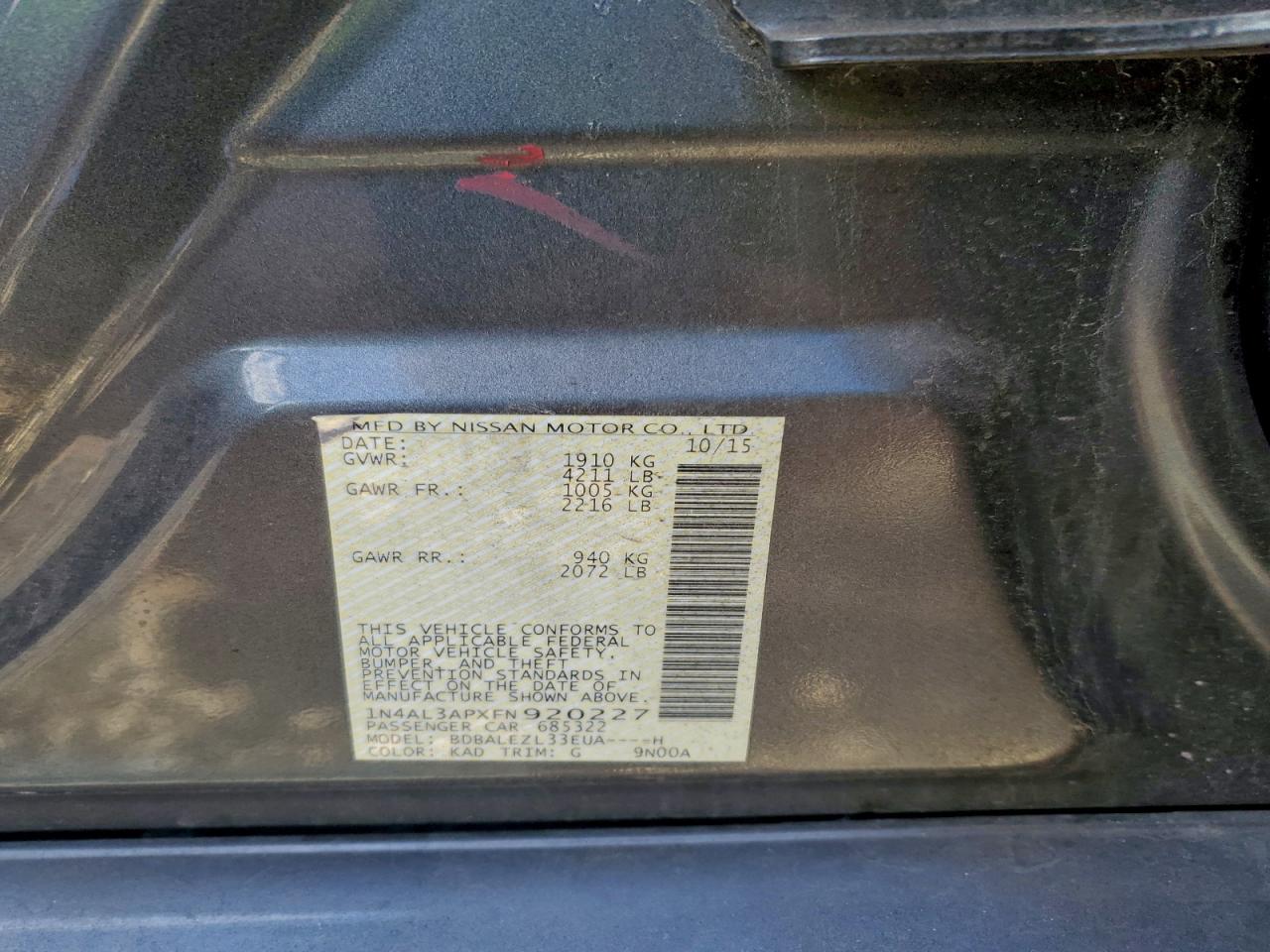 2015 Nissan Altima 2.5 VIN: 1N4AL3APXFN920227 Lot: 94388995