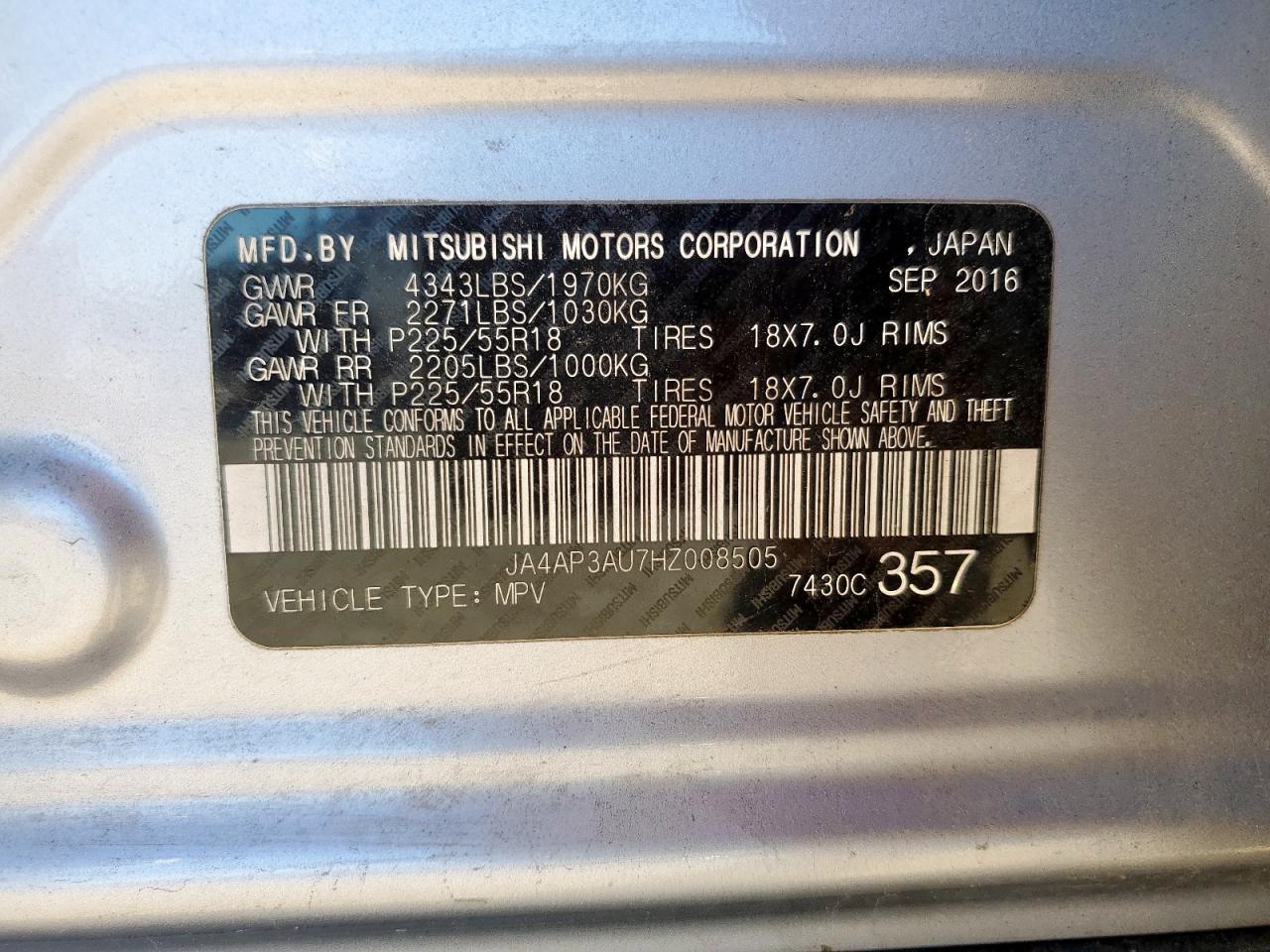 2017 Mitsubishi Outlander Sport Es VIN: JA4AP3AU7HZ008505 Lot: 91611465