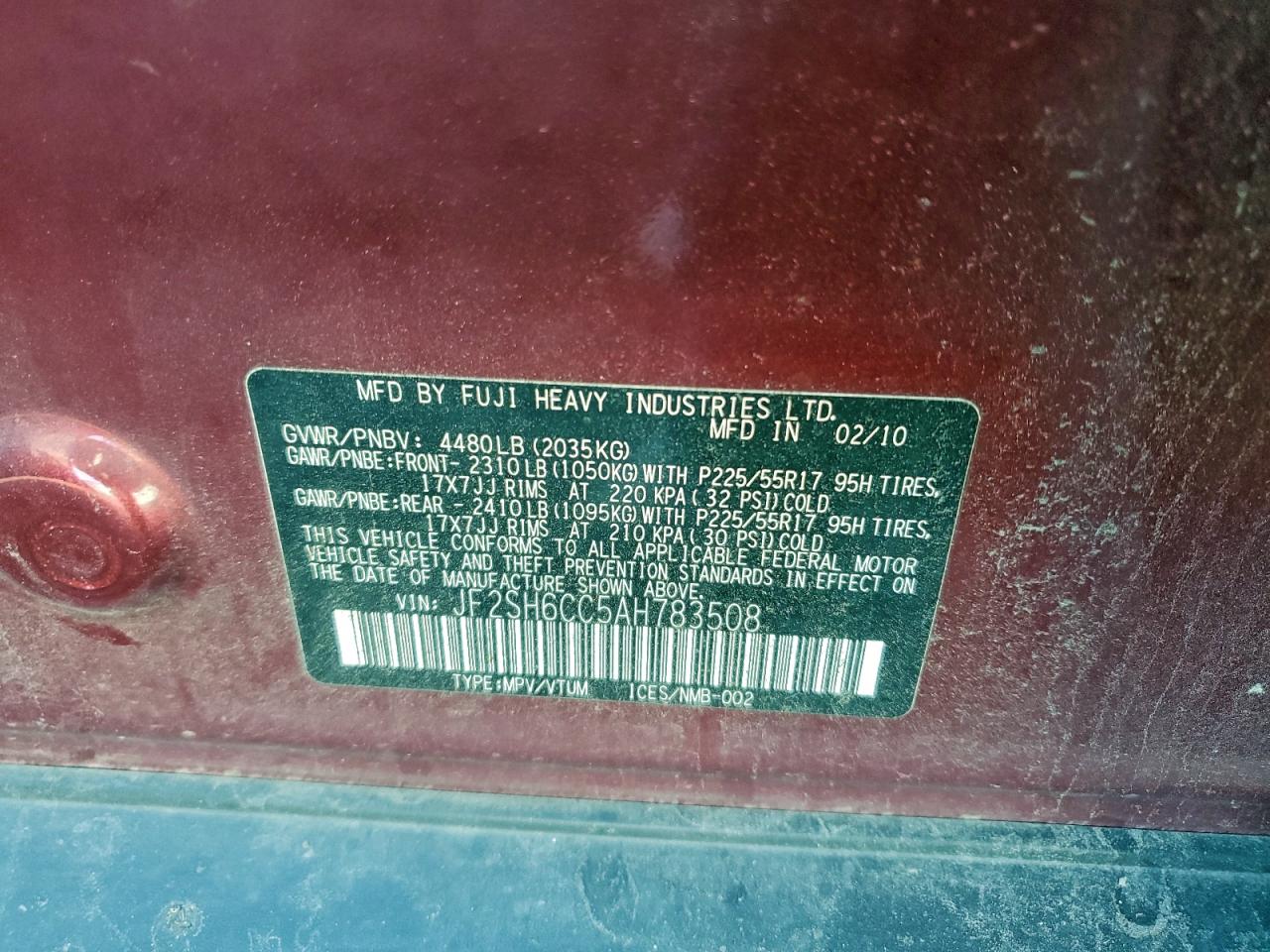 2010 Subaru Forester 2.5X Premium VIN: JF2SH6CC5AH783508 Lot: 93945015