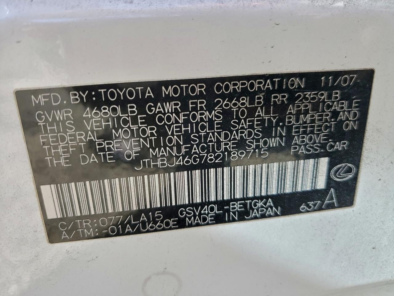 2008 Lexus Es 350 VIN: JTHBJ46G782189715 Lot: 94784825