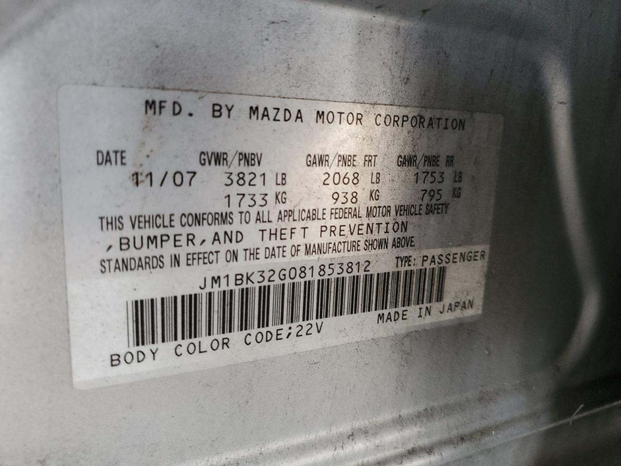 2008 Mazda 3 I VIN: JM1BK32G081853812 Lot: 92025575