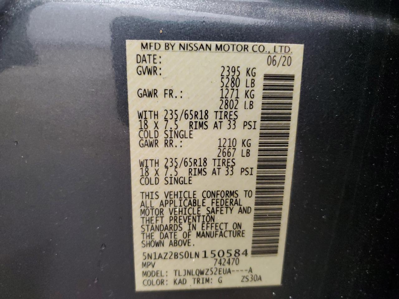 2020 Nissan Murano Sv VIN: 5N1AZ2BS0LN150584 Lot: 93068015