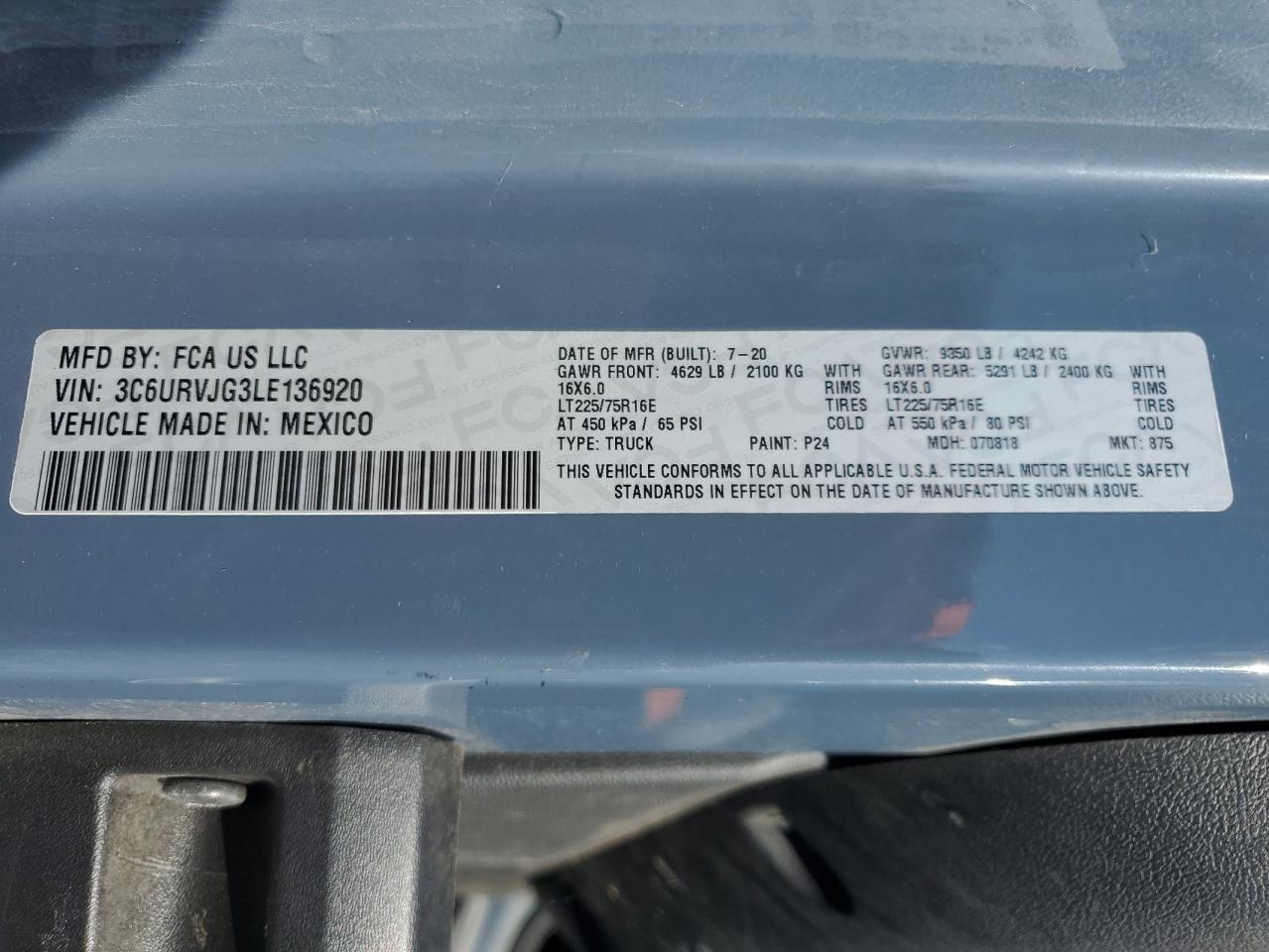 2020 Ram Promaster 3500 Delivery Van VIN: 3C6URVJG3LE136920 Lot: 90795245