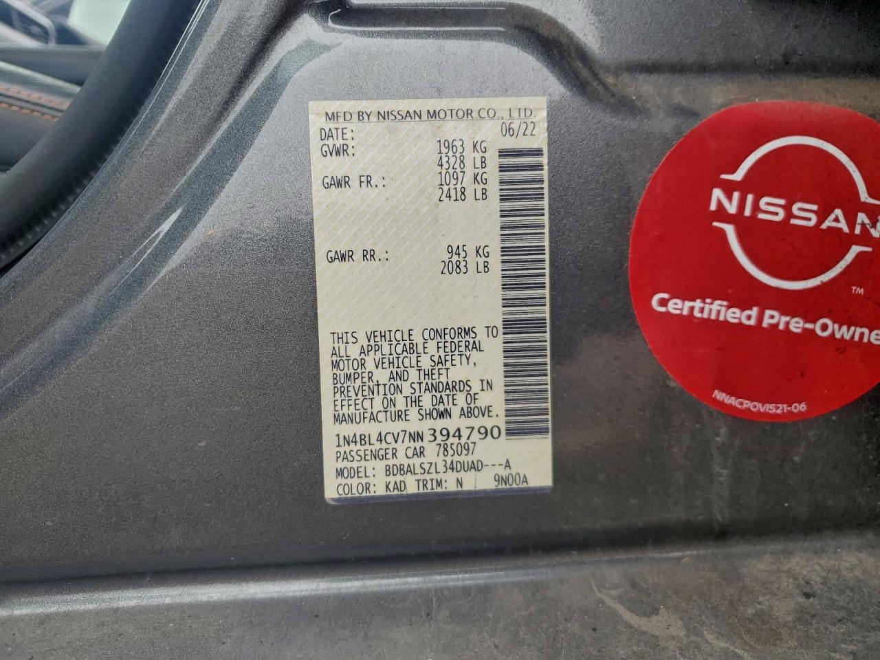 2022 Nissan Altima Sr VIN: 1N4BL4CV7NN394790 Lot: 94457185
