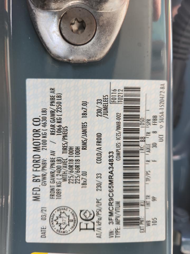 2021 Ford Bronco Sport Outer Banks VIN: 3FMCR9C65MRA34833 Lot: 92437025