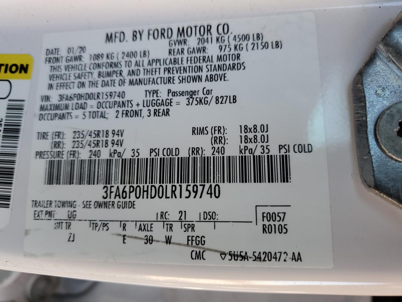 2020 Ford Fusion Se VIN: 3FA6P0HD0LR159740 Lot: 90881665