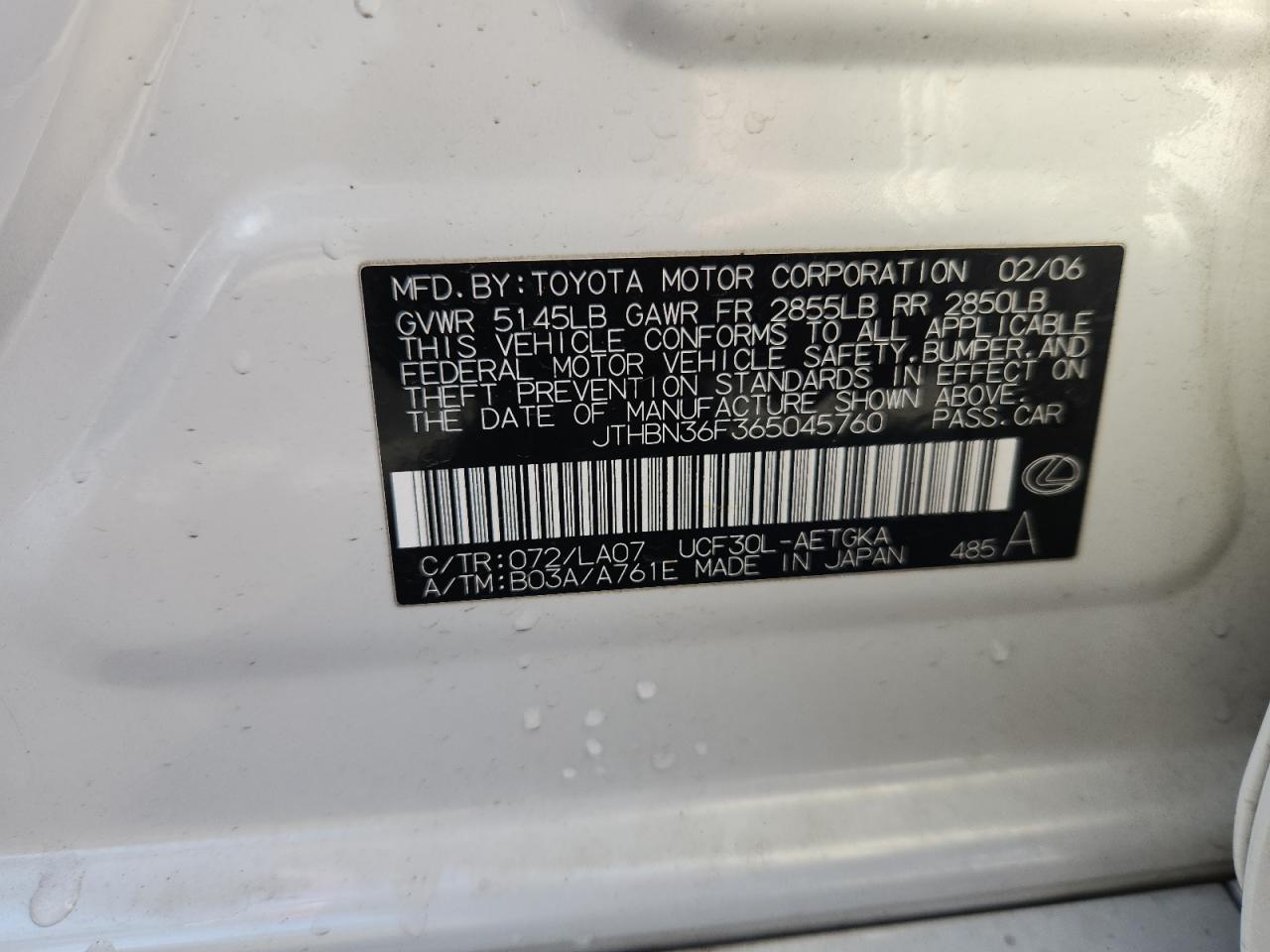 2006 Lexus Ls 430 VIN: JTHBN36F365045760 Lot: 91408615