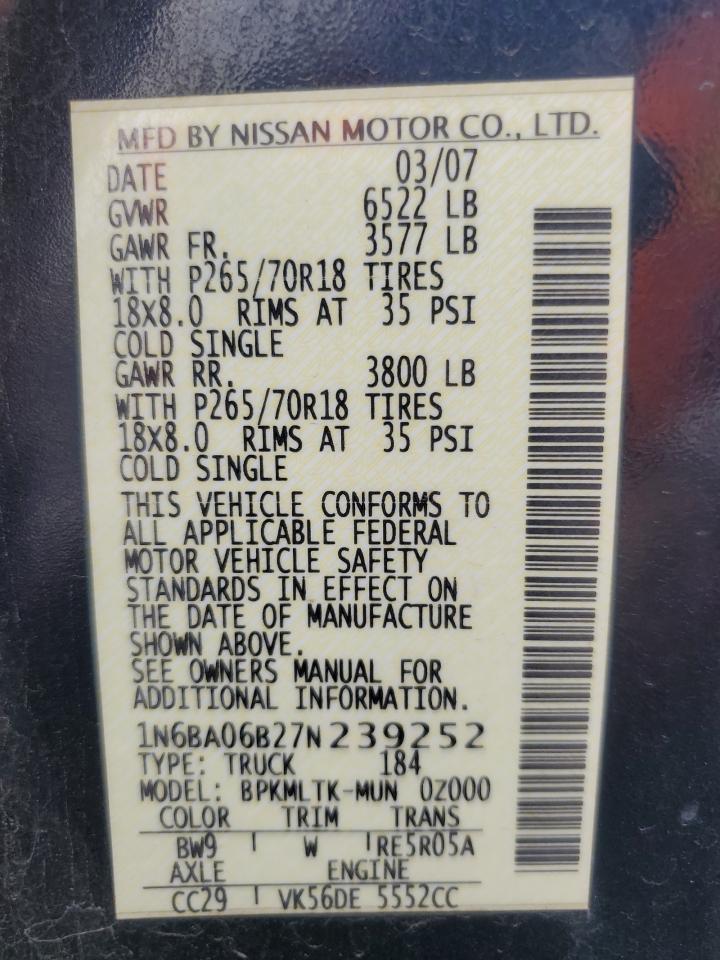 2007 Nissan Titan Xe VIN: 1N6BA06B27N239252 Lot: 92358255