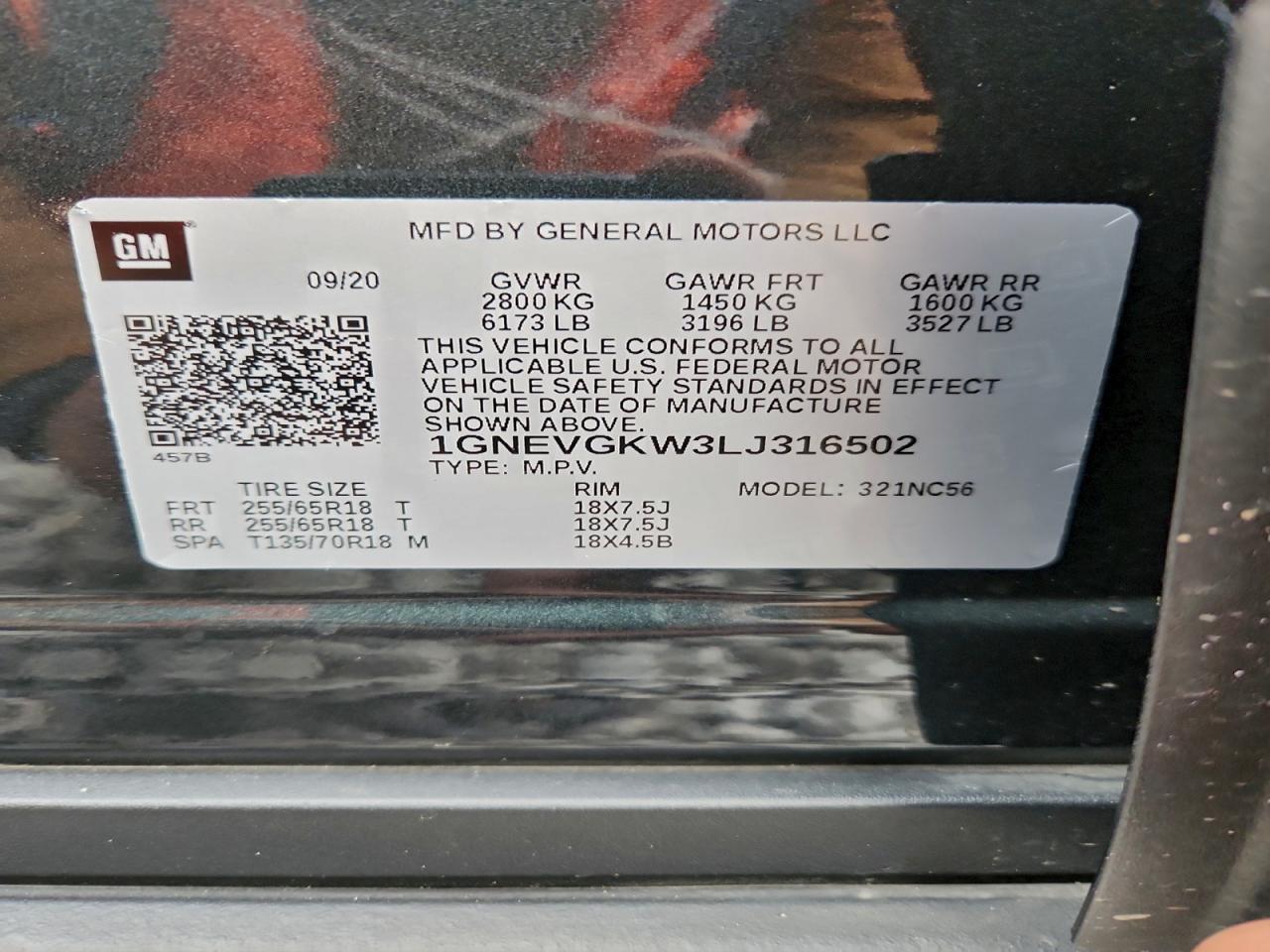 2020 Chevrolet Traverse Lt VIN: 1GNEVGKW3LJ316502 Lot: 93275785