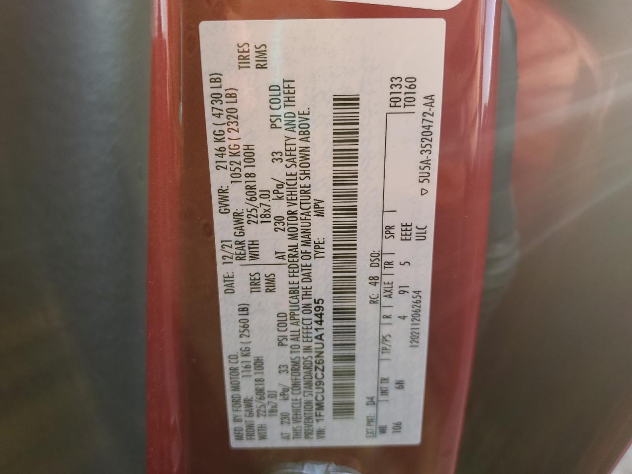 2022 Ford Escape Sel VIN: 1FMCU9CZ6NUA14495 Lot: 92477985