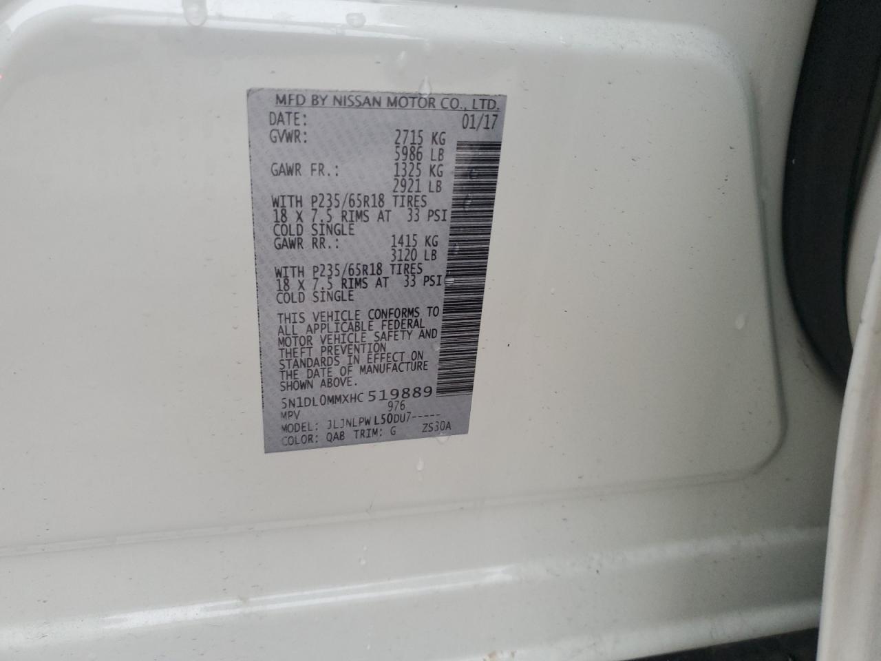 2017 Infiniti Qx60 VIN: 5N1DL0MMXHC519889 Lot: 92745045