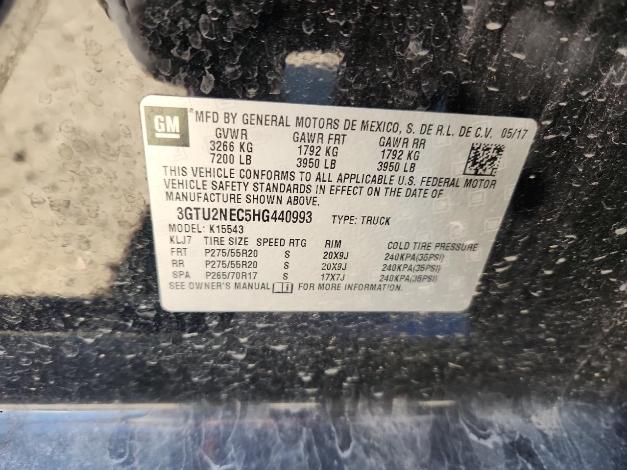 2017 GMC Sierra K1500 Slt VIN: 3GTU2NEC5HG440993 Lot: 91141725