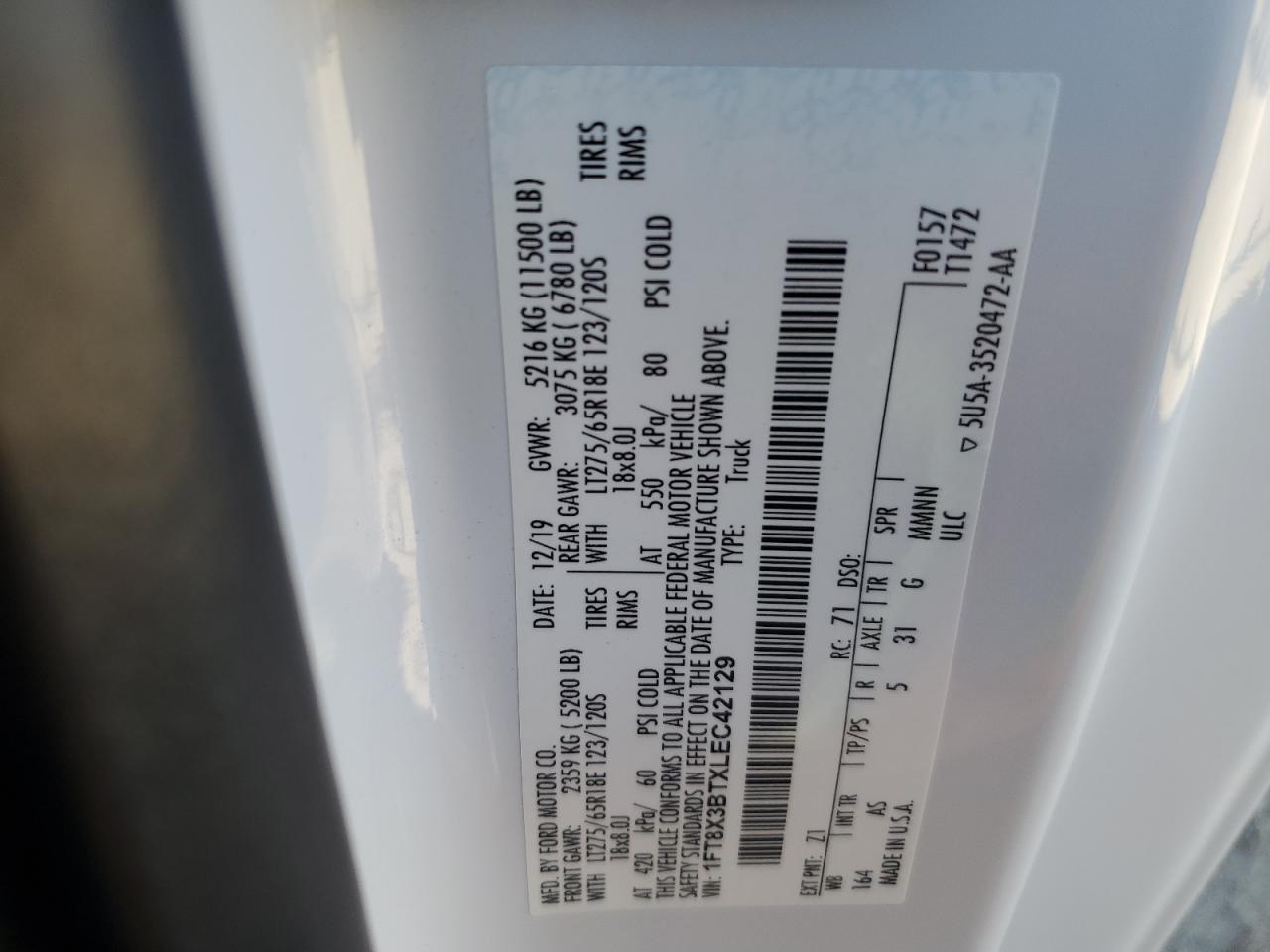 2020 Ford F350 Super Utility / Service Truck VIN: 1FT8X3BTXLEC42129 Lot: 91530185