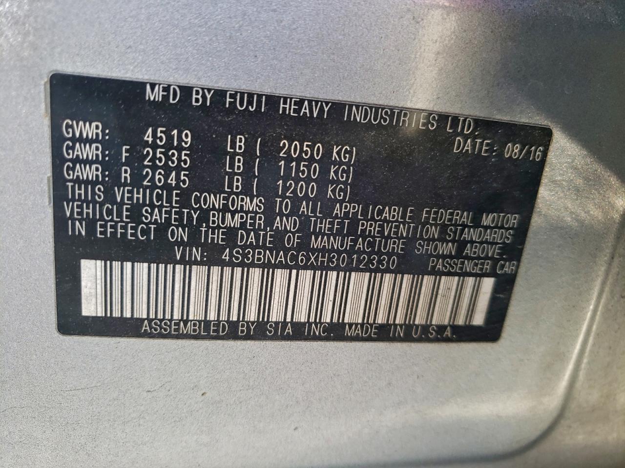 2017 Subaru Legacy 2.5I Premium VIN: 4S3BNAC6XH3012330 Lot: 93394905