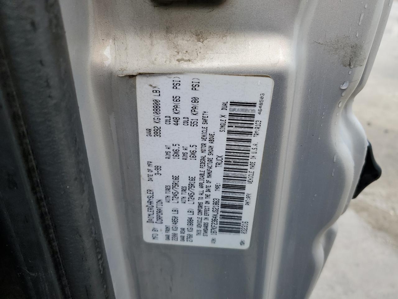 1999 Dodge Ram 2500 VIN: 1B7KF2364XJ621863 Lot: 91063845