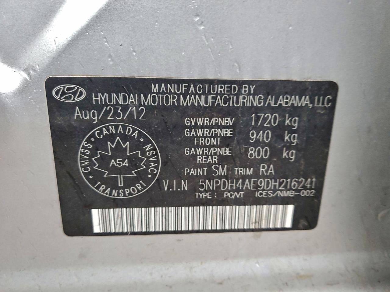 2013 Hyundai Elantra Gls VIN: 5NPDH4AE9DH216241 Lot: 93651175