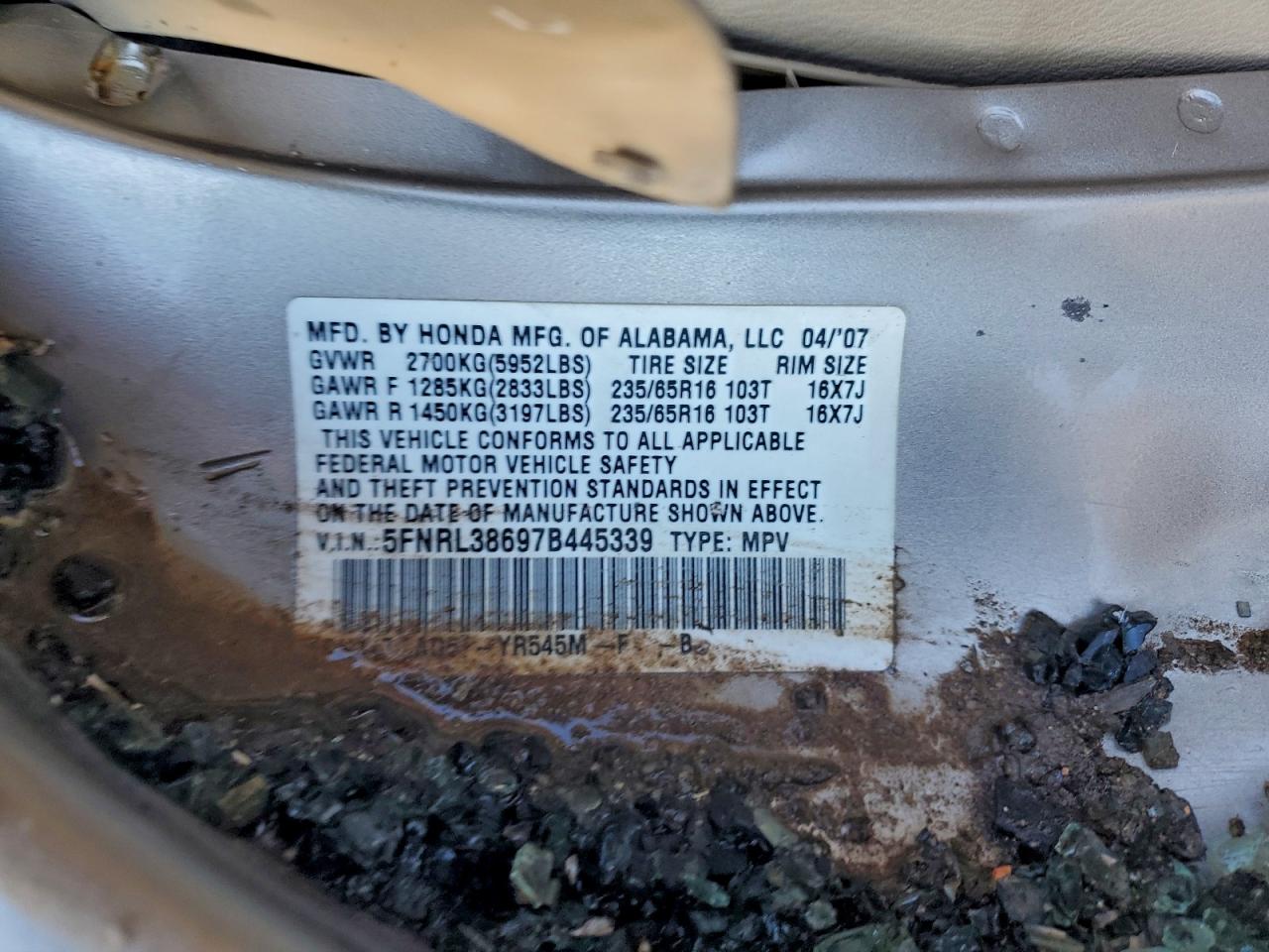 2007 Honda Odyssey Exl VIN: 5FNRL38697B445339 Lot: 93529365