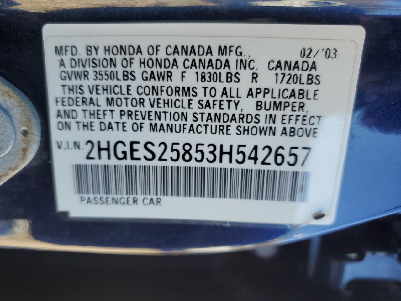 2003 Honda Civic Ex VIN: 2HGES25853H542657 Lot: 92087675