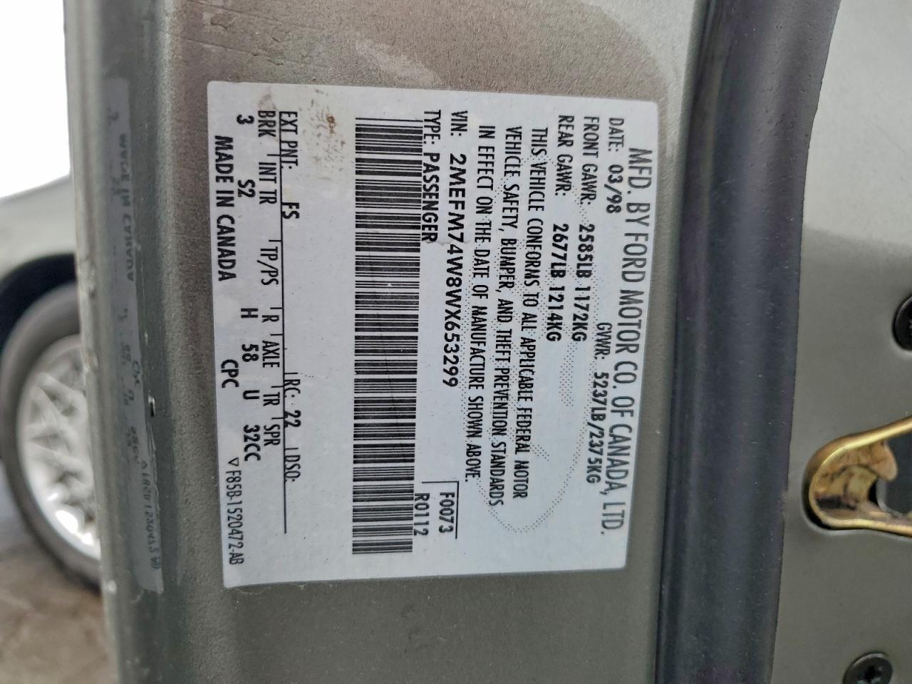 1998 Mercury Grand Marquis Gs VIN: 2MEFM74W8WX653299 Lot: 92753585