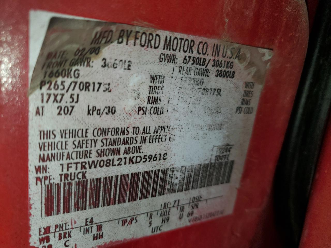 2001 Ford F150 Supercrew VIN: 1FTRW08L21KD59618 Lot: 93039705