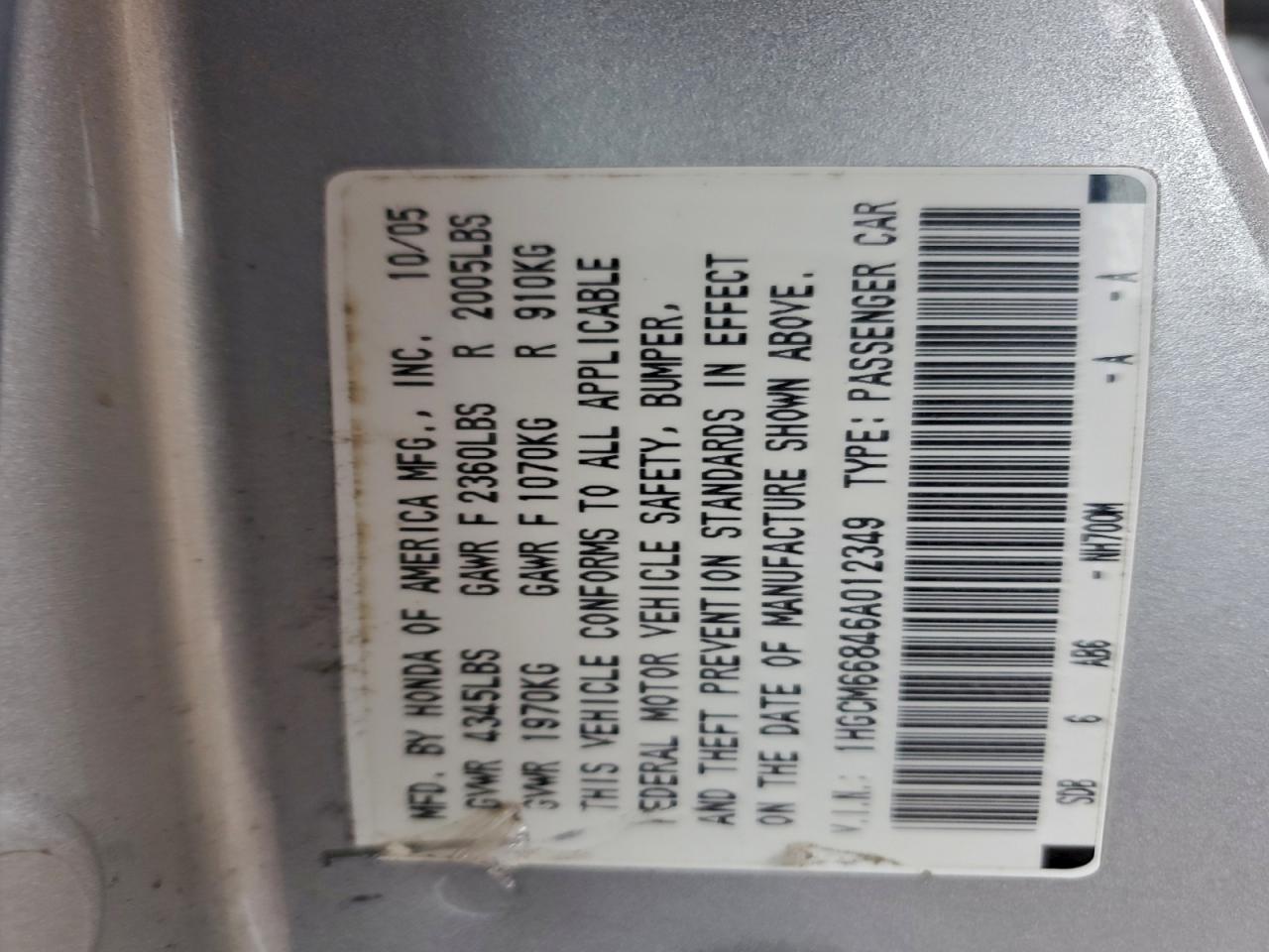 2006 Honda Accord Ex VIN: 1HGCM66846A012349 Lot: 92918975