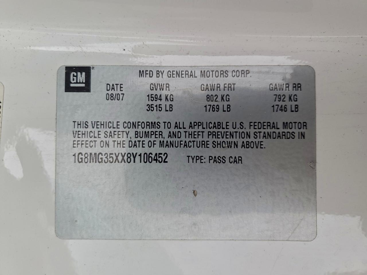 2008 Saturn Sky Redline VIN: 1G8MG35XX8Y106452 Lot: 93353615