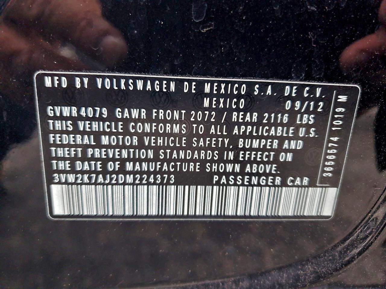 2013 Volkswagen Jetta Base VIN: 3VW2K7AJ2DM224373 Lot: 93411725