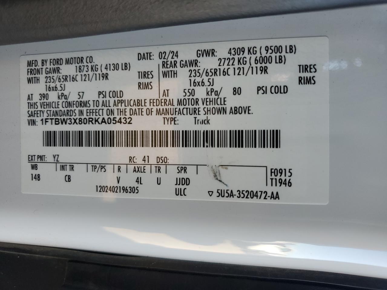 2024 Ford Transit T-350 VIN: 1FTBW3X80RKA05432 Lot: 90871015