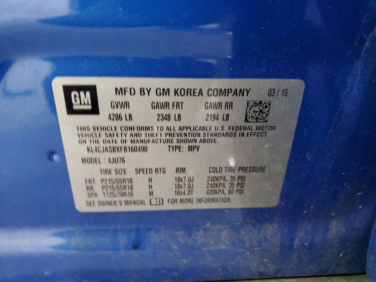 2015 Buick Encore VIN: KL4CJASBXFB160490 Lot: 92831615