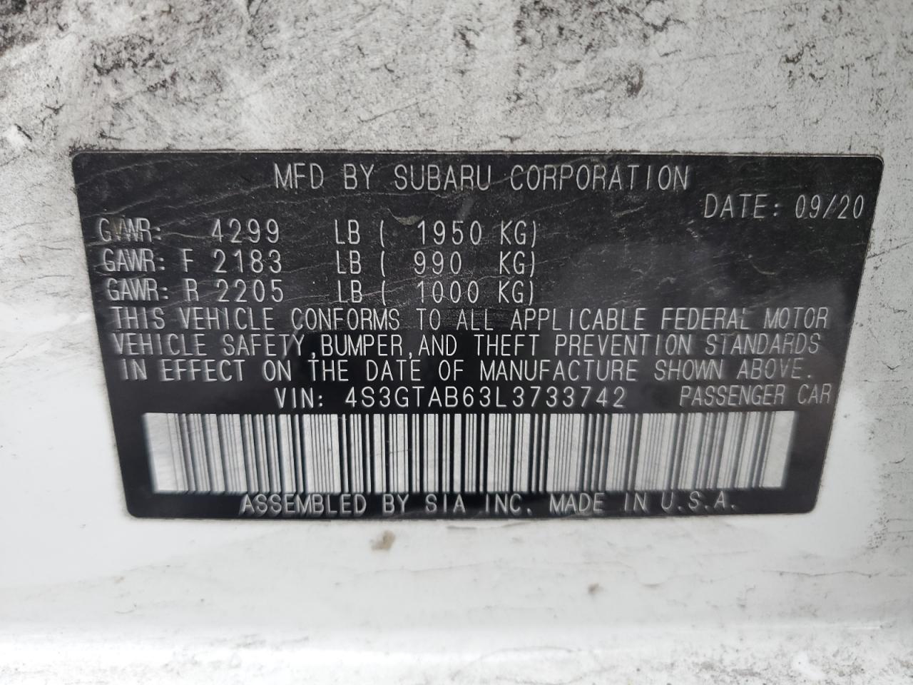 2020 Subaru Impreza VIN: 4S3GTAB63L3733742 Lot: 91827465