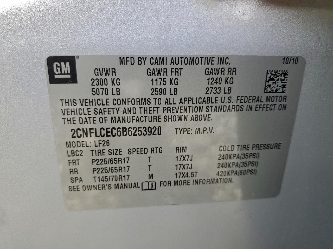 2011 Chevrolet Equinox Ls VIN: 2CNFLCEC6B6253920 Lot: 94385505