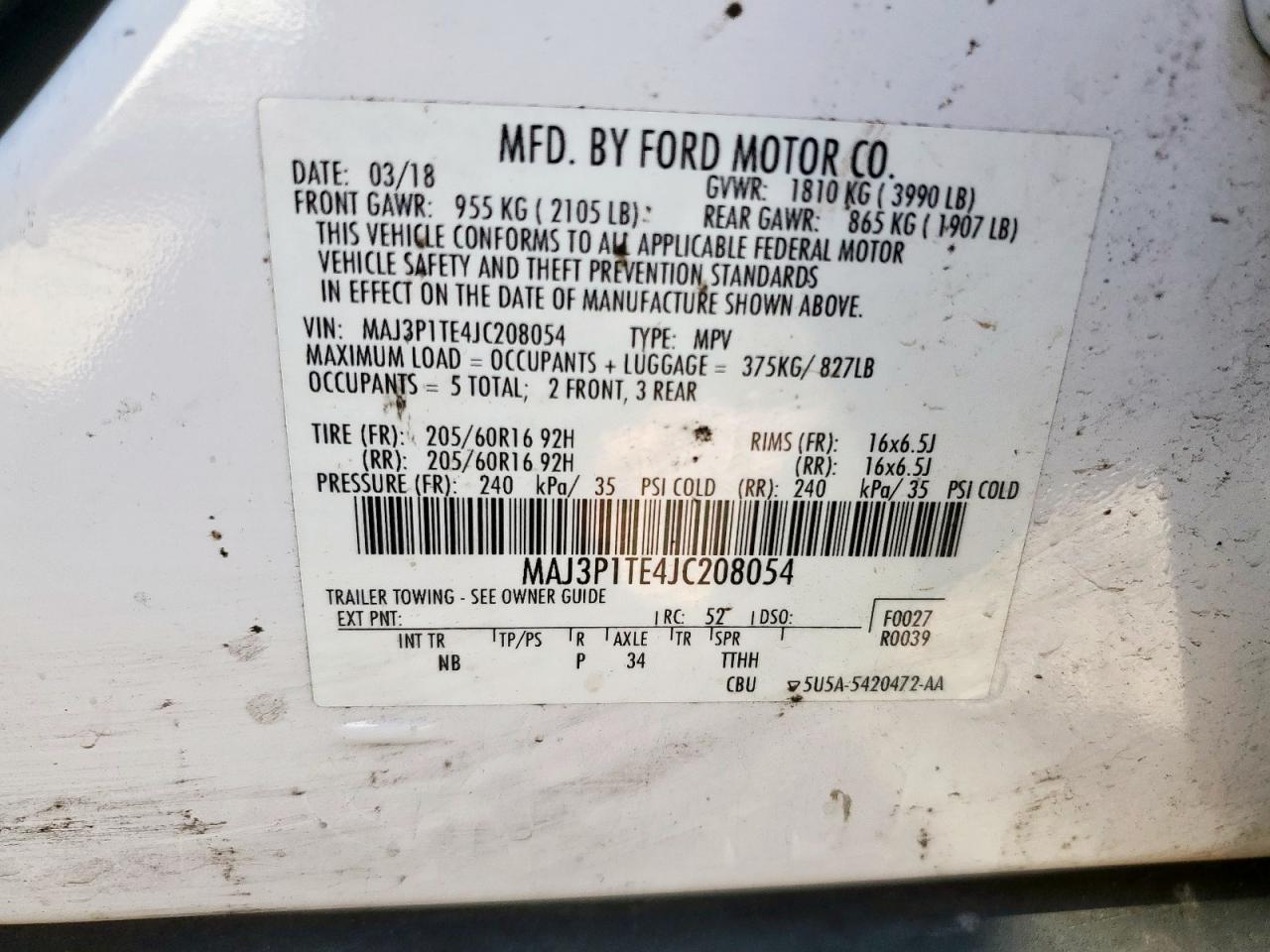 2018 Ford Ecosport Se VIN: MAJ3P1TE4JC208054 Lot: 91890045