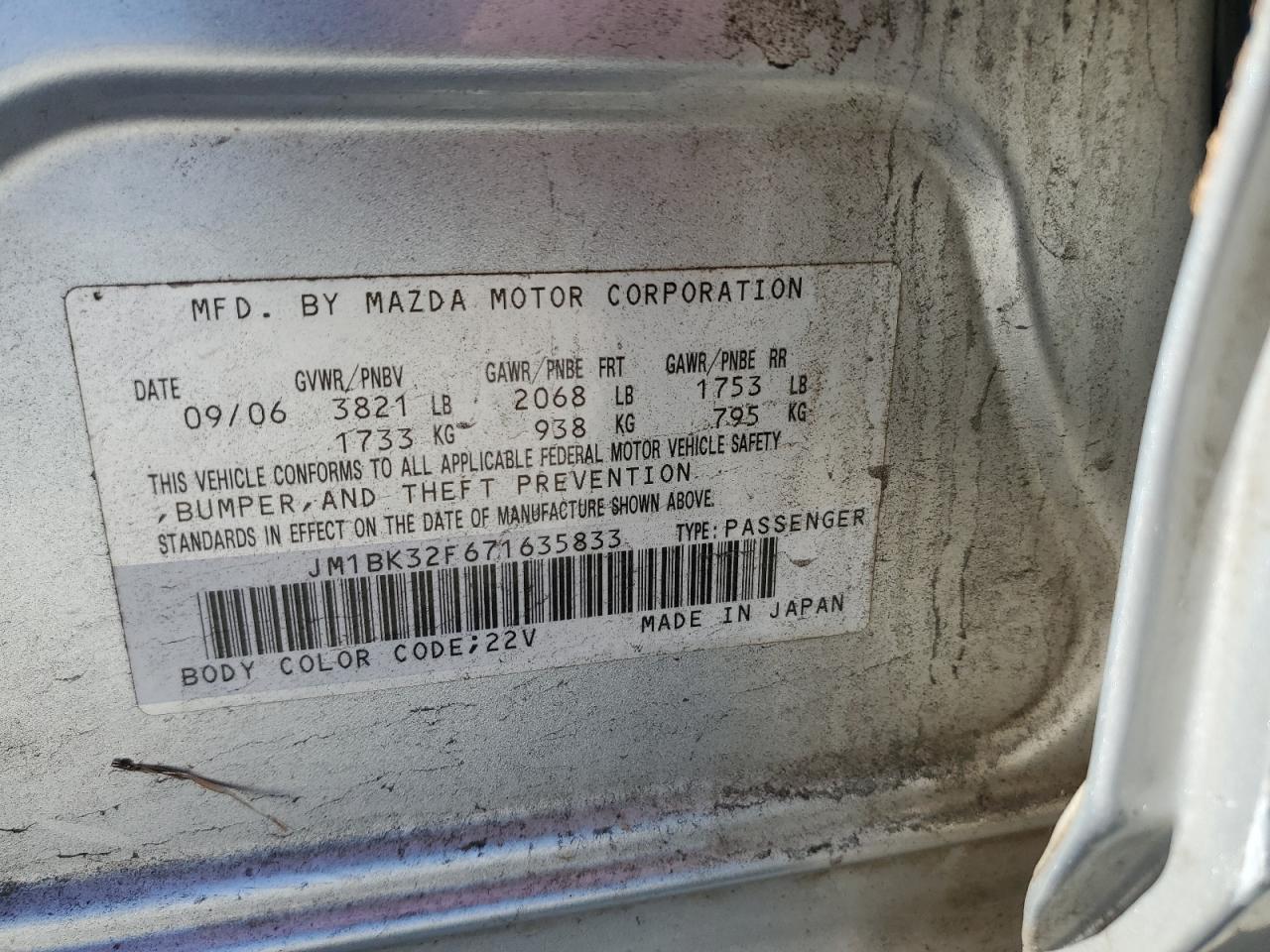 2007 Mazda 3 I VIN: JM1BK32F671635833 Lot: 91429205