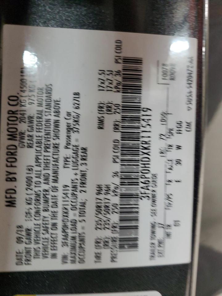 2019 Ford Fusion Se VIN: 3FA6P0HDXKR115419 Lot: 90709405