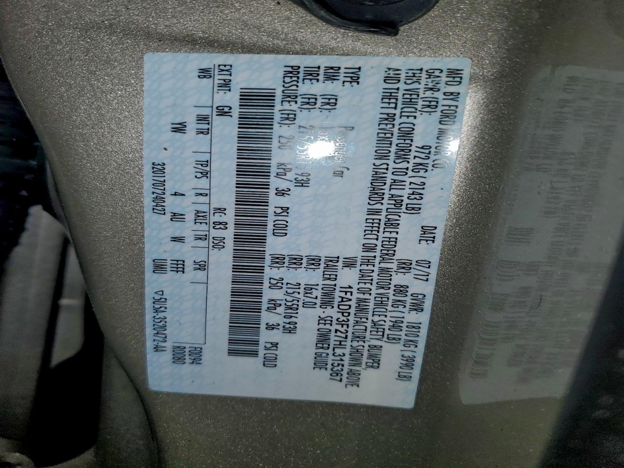 2017 Ford Focus Se VIN: 1FADP3F27HL315367 Lot: 93522605