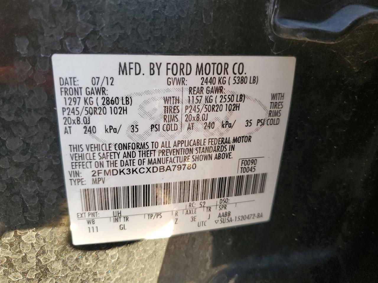 2013 Ford Edge Limited VIN: 2FMDK3KCXDBA79780 Lot: 93213325