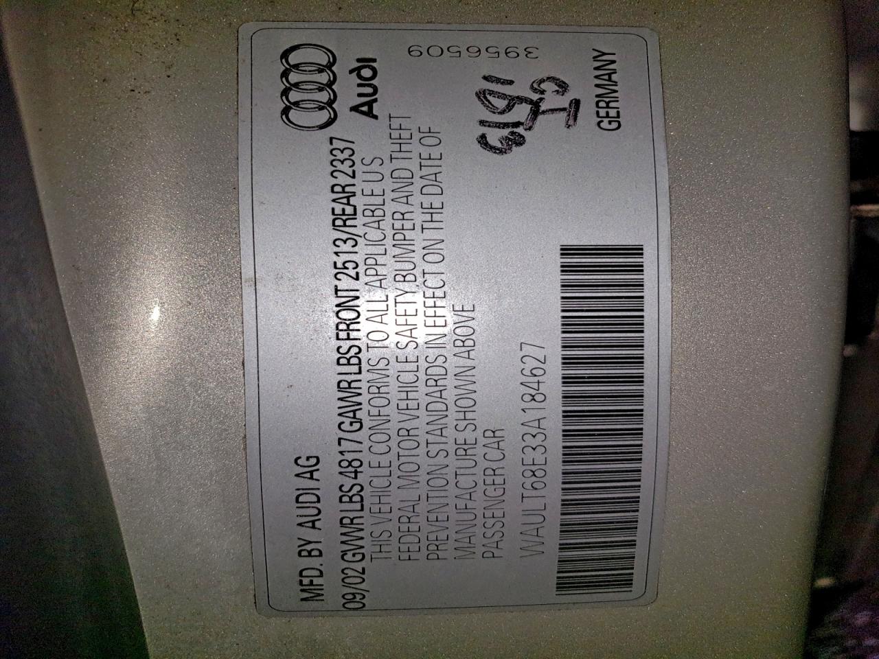 2003 Audi A4 3.0 Quattro VIN: WAULT68E33A184627 Lot: 94496555