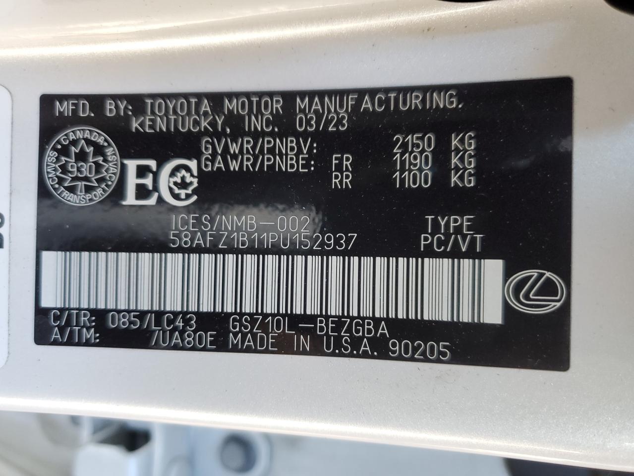 2023 Lexus Es 350 Base VIN: 58AFZ1B11PU152937 Lot: 91777305