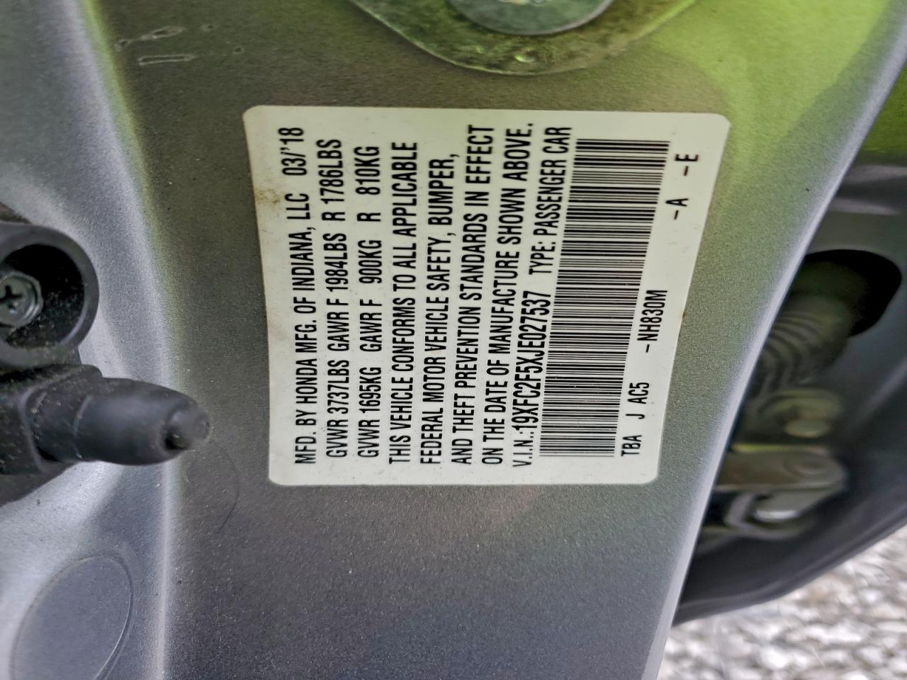 2018 Honda Civic Lx VIN: 19XFC2F5XJE027537 Lot: 94306525