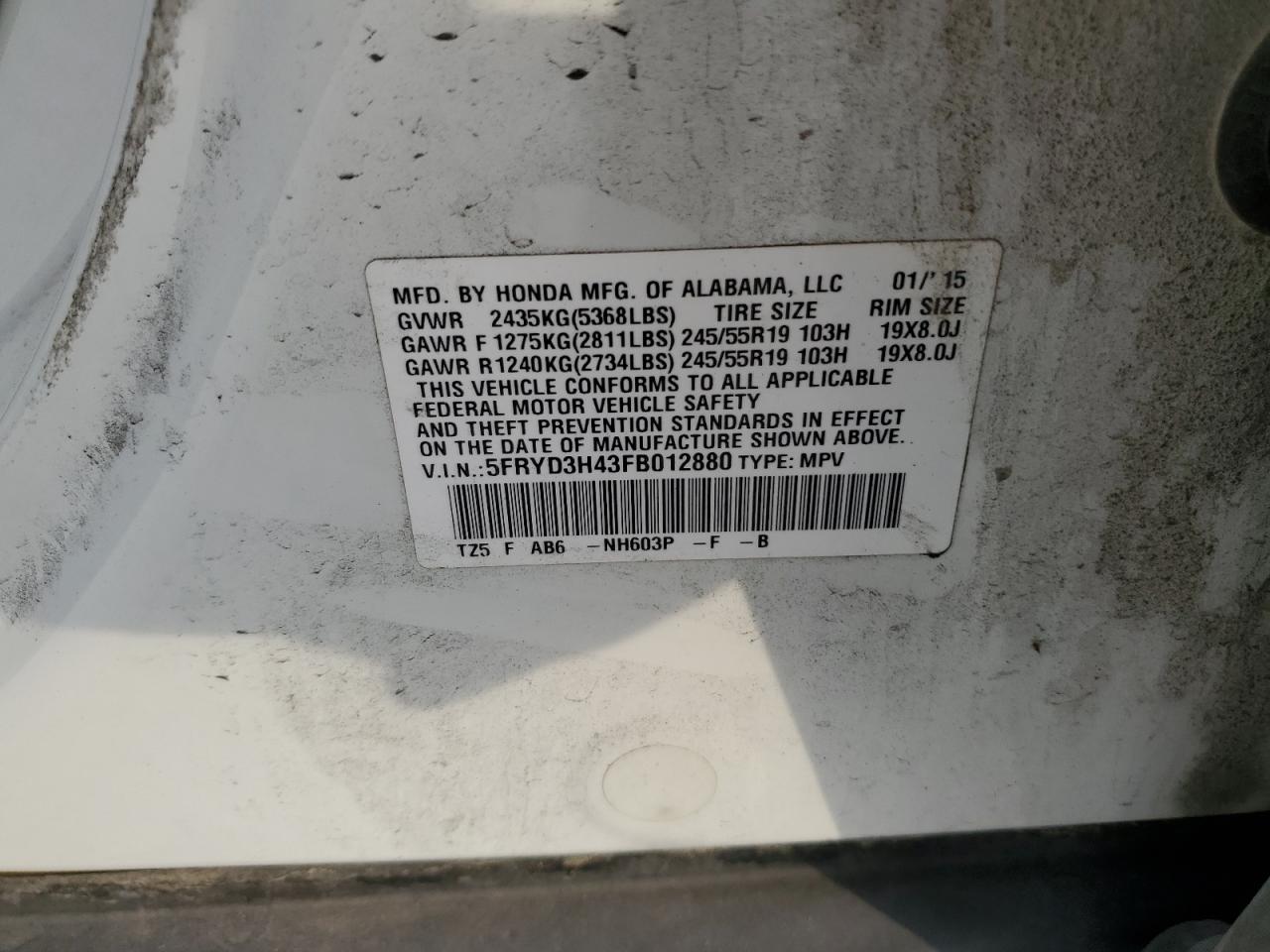 2015 Acura Mdx Technology VIN: 5FRYD3H43FB012880 Lot: 93211945