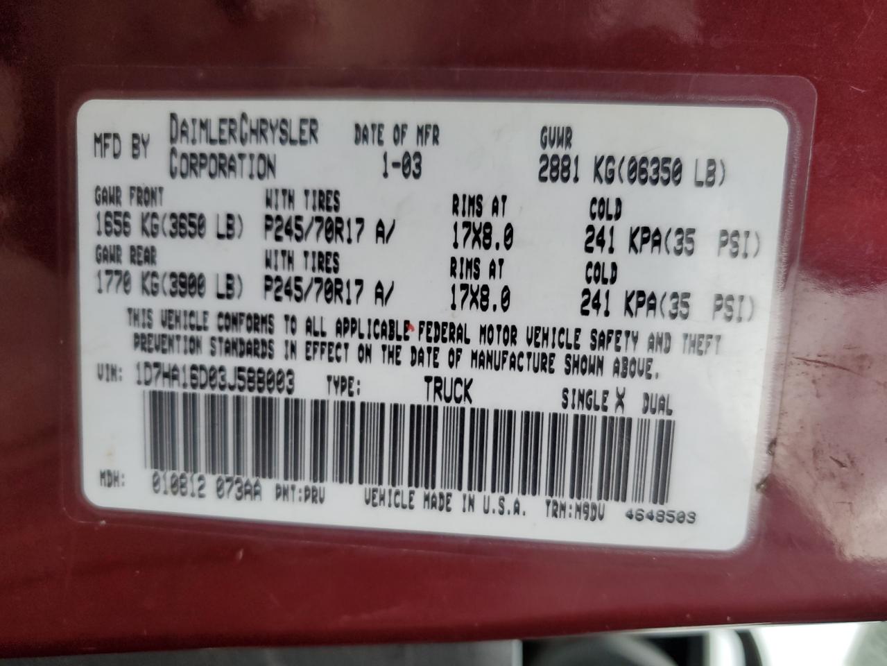 2003 Dodge Ram 1500 St VIN: 1D7HA16D03J588003 Lot: 91984625